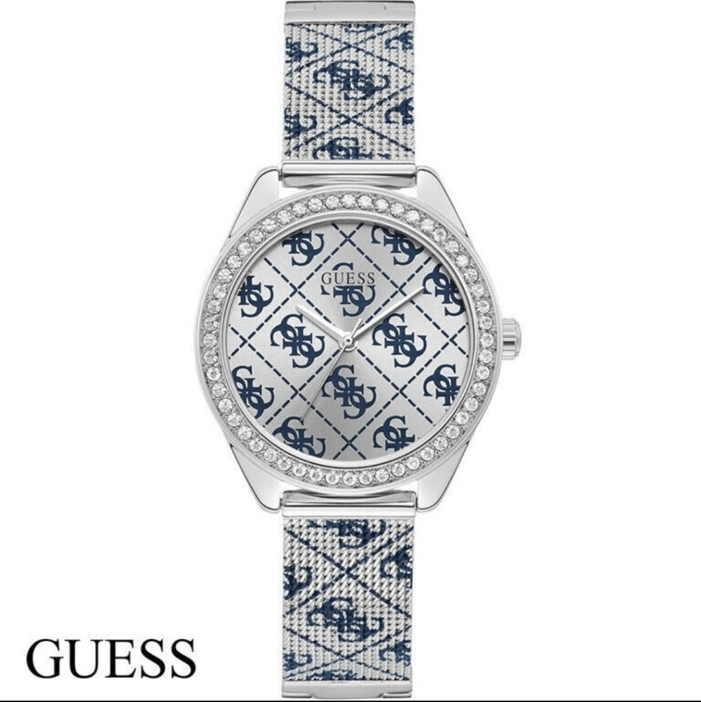 Guess Blue & Silver Metallic Logo Mesh Adjustable Bracelet Claudia Watch